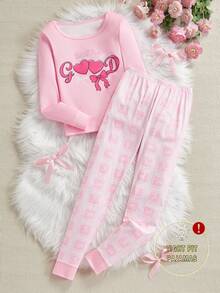 女童蝴蝶爱心印花长袖上衣和打底裤睡衣套装，舒适家居服 - 粉色 - 查看 4