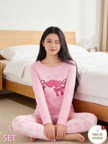 女童蝴蝶爱心印花长袖上衣和打底裤睡衣套装，舒适家居服 - 粉色 - 查看 6