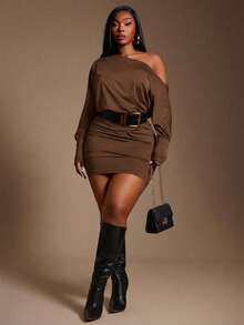 Radiana Elegant Plus Size Coffee Brown Mini Pencil Dress With Asymmetrical Neck Ruched Batwing Extra Long Sleeves For Women - Coffee Brown - View 1