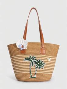 ROMWE Fairycore 1 Buah Tas Tote Wanita Bertema Liburan dengan Hiasan Kerang, Bintang, dan Mutiara, Tas Pantai Jerami Alfabet Kapasitas Besar, Cocok untuk Musim Semi/Panas - Khaki putih - View 10