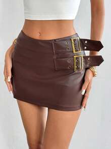 Siren Gaze Women's Brown PU Leather Skirt With Double Waistbands, Retro Style Spring Casual Brown Leather Skirt Belt Skirt Low Rise Skirts Sexy Skirts For Women Women's Skirts - Coffee Brown - View 5