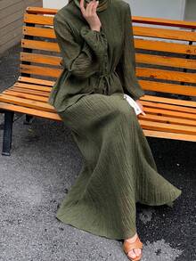 Solavon 女士休闲纯色纹理长袖上衣和半裙两件套，秋季 - 橄欖綠 - 查看 2