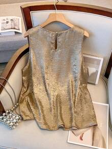 SHEIN Tall CURVE Women's Fashionable Metallic Fabric Round Neck A-Line Camisole, Spring/Summer - Gold - View 2