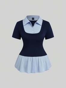 SHEIN Clasi Plus Size Women's Solid Color Contrast Splice Lapel Short Sleeve Fitted Elegant Daily Faux Two Pieces Shirt T-Shirt + Loose Casual Versatile Pants Set