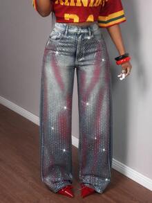 Slaydiva Women's High Waist Rhinestone Embellished Loose Fit Wide Leg Jeans - Dark Wash - View 7