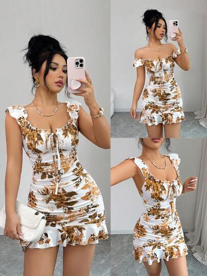 Selianne Vestido ceñido de línea A con volantes y estampado floral vintage para mujer, elegante y sexy estilo francés con cintura ceñida, vestido de cóctel y fiesta de verano