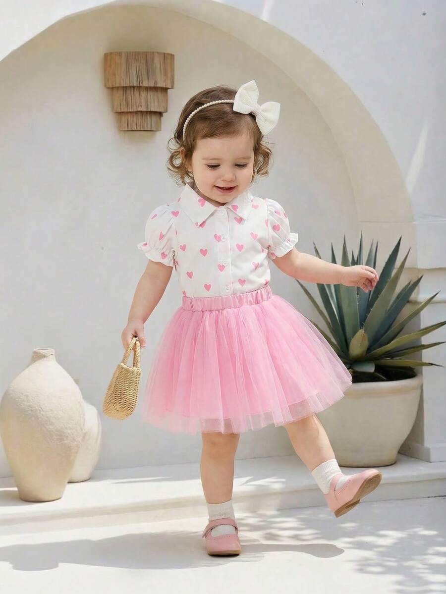 SHEIN 2pcs/Set Baby Girls Collared Puff Sleeve Heart Print Short Sleeve Blouse + Elastic Waist Mesh Tutu Skirt Cute Casual Outfit, Suitable For Spring/Summer Daily Outings Or Travel Skirt فستان دانتيل - Pink - View 1