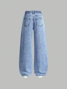 2pcs/Set Teen Girl Loose Straight Leg Relaxed Fit Casual Blue Jeans,Winter Streetwear Graduation Back-To-School,Flattering&Snug Fit,Versatile Daily - Multicolor - View 4