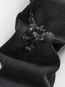 SHEIN Tween Boy Solid Color Crew Neck Short Sleeve T-Shirt And Distressed Zip-Up Denim Jeans Set - Black - View 3