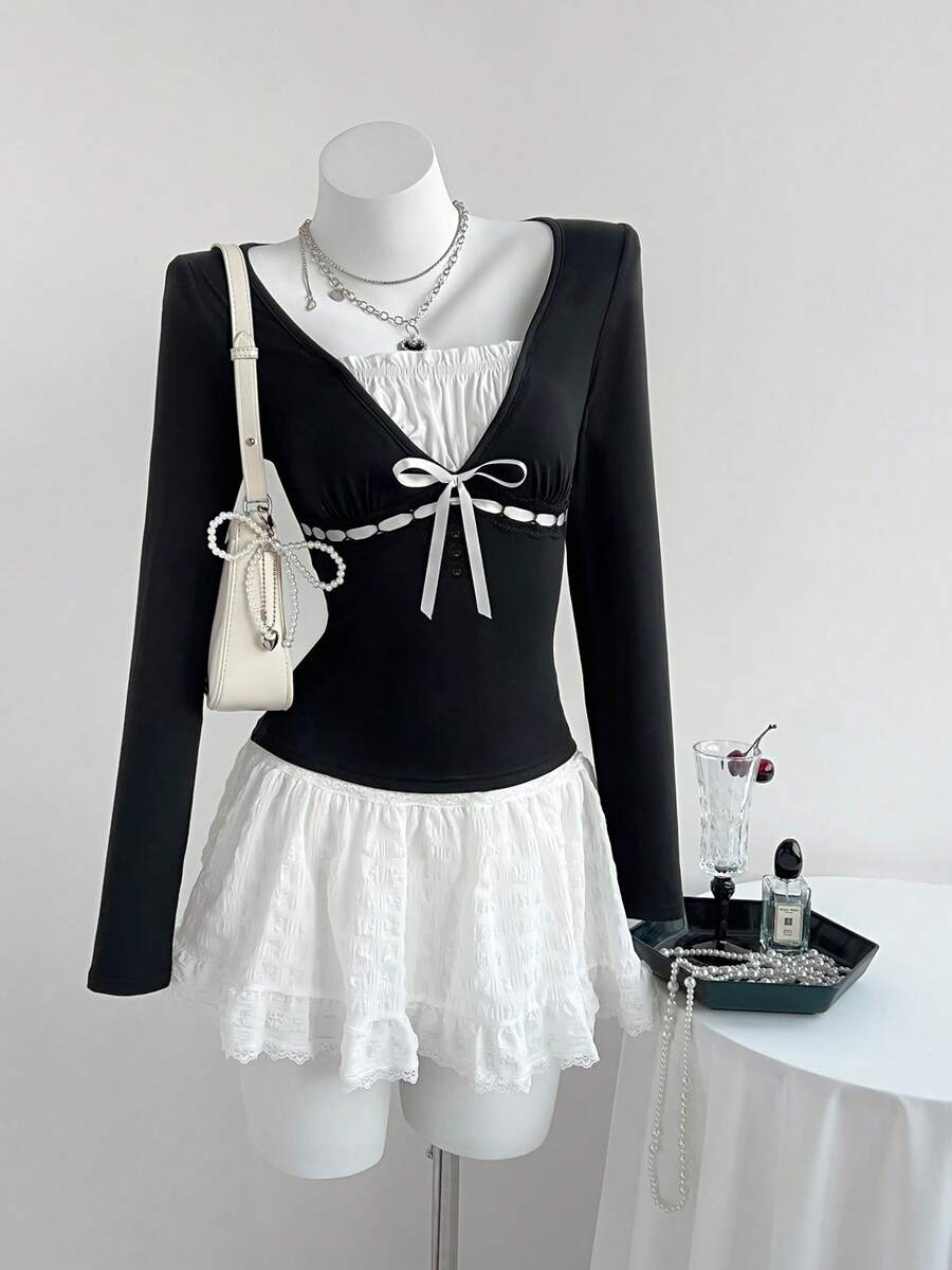 Elamini Spring Sweet Contrast Color Patchwork Bow Tie Slim Fit Long Sleeve T-Shirt - Black - View 1