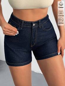 SHEIN Cottnline 100% Cotton Women's High Waist Slant Pocket Casual Denim Shorts Stretchy Jean Shorts Micro Short Women's Jean Short Curve Denim Short Cowboy Shorts For Women Jean Short Low Rise - Dark Wash - View 4