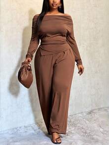 Slaydiva Plus Size Solid Color Casual Minimalist Off-Shoulder Long Sleeve Top And Pants 2-Piece Set - Coffee Brown - View 9