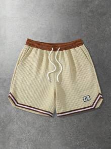 ROMWE MEN 男士休闲纹理抽绳口袋短裤 - 杏色 - 查看 9