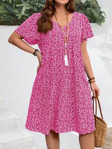 EMERY ROSE Plus Size Women's Summer Ditsy Floral Ruffle Sleeve Holiday Dress, Summer Dresses - Pink - View 3