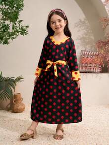 Vestido Floral Elegante de Menina Jovem com Gola Dourada em Forma de Flor e Mangas Sino - Preto - Visão 3