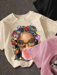 SHEIN 3件套少女休闲印花T恤，图案包括人像、手势和嘴唇印花，颜色有粉色、浅杏色和黑色，适合街头风、日常休闲和时尚穿搭。 - 彩色 - 查看 4