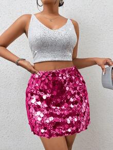 SHEIN Tall 女士纯色高腰亮片紧身迷你裙，适合派对穿着 - 玫紅色 - 查看 8