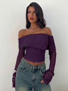 Aloruh Women's Off-Shoulder Long Sleeve Ruched Cropped Fashionable Top - Purple - View 4