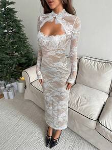 Aloruh Vestido largo de manga larga, negro, de encaje, sexy, elegante, vintage y romántico, vestido de fiesta, vestido de cita, vestido extra largo - Blanco - Ver 5