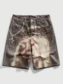 ROMWE MEN Pantalones cortos vaqueros casuales con bolsillo y estampado de figura para hombre - Caqui - Ver 1