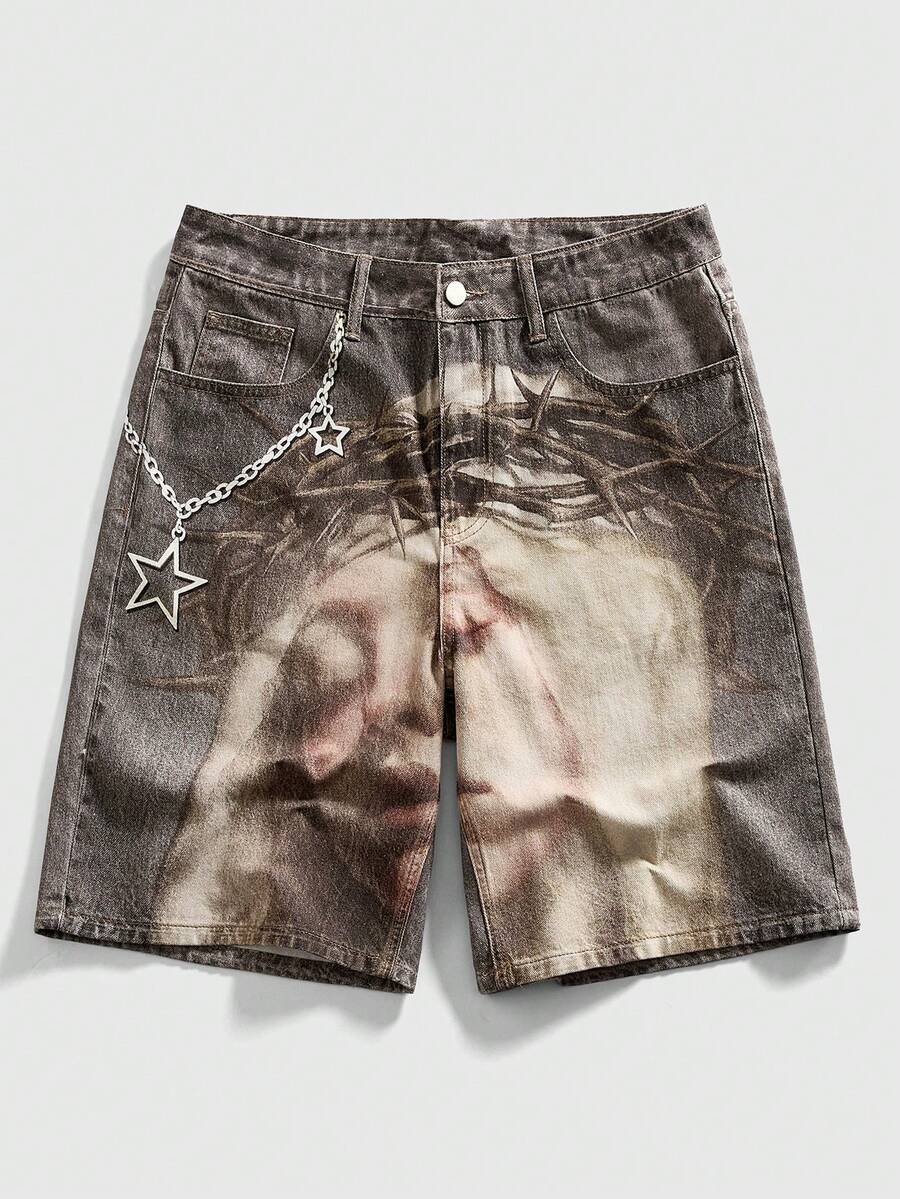 ROMWE MEN Pantalones cortos vaqueros casuales con bolsillo y estampado de figura para hombre - Caqui - Ver 1