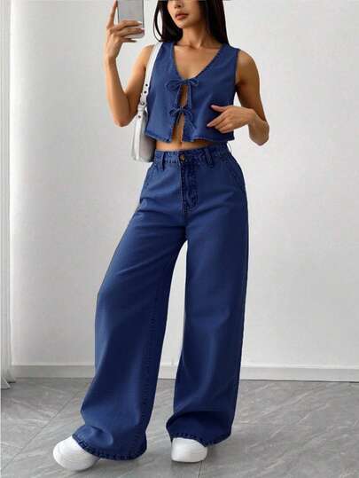 SHEIN 少女蓝色牛仔无袖开衫短马甲低腰宽松长裤两件套，儿童女孩春夏休闲度假乡村波西米亚风服装，儿童女孩沙滩装，女孩西部街头装，春假服装，锐舞派对服装音乐节牛仔套装，毕业季服装