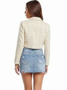 Glamine Women's Elegant Tweed Lapel NeckSingle-Breasted Cropped Jacket - Apricot - View 8