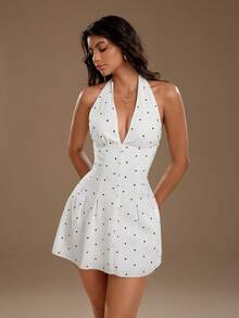 TRNVIE Women's Summer Deep V-Neck Halter Polka Dot Dress, Solid White Elegant, Suitable For Vacation, Work, And Party Occasions - White - View 4