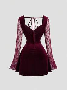 Sweetra Đầm ngắn tay dài phối ren dành cho nữ cỡ lớn - Màu Đỏ Sâu - Xem 2