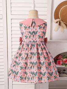 SHEIN Kids Sleeveless A Line Flared Peter Pan Collar Short Dress With Plant Pattern And Bows,Kids - Pink - View 2