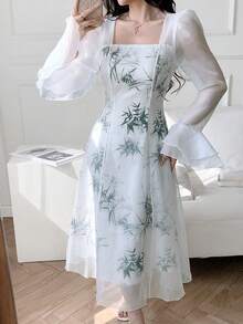 Feyla 女士竹子印花方领喇叭袖优雅中长连衣裙 - 墨綠色 - 查看 4