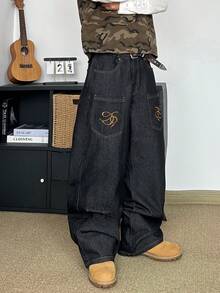 STEELVANCE Quần jeans nam phong cách đường phố cổ điển, đơn giản, thêu hình cánh chim, thiết kế độc đáo, ống đứng, ống rộng, dáng suông, thích hợp cho mùa xuân hè. - màu đen - Xem 5