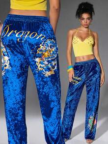 Y2Kool Maria Clara Maia 女士蓝色字母龙印花新款中国风抽绳腰休闲裤，适合春季Y2K风格嘉年华服装 - 藍色 - 查看 4