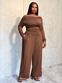 Slaydiva Plus Size Solid Color Casual Minimalist Off-Shoulder Long Sleeve Top And Pants 2-Piece Set - Coffee Brown - View 10