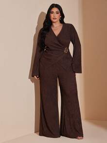 SHEIN BAE Spring/Summer Long-Sleeved Top Set, Pants Set, Knitted High-Elastic Set, Metal Buckle Set Brown Two Piece Set Women - Coffee Brown - View 1