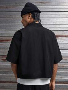 AXEPEAK Men's Casual Rhinestone Button Short Sleeve Shirt - Black - View 4