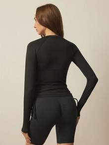 With My Calm Women's Casual Solid Color Raglan Sleeve Pleated Drawstring Twist Fitted Sports T-Shirt Long Sleeve Sports Top Long Sleeve Active Wear Black Active Wear - Black - View 2