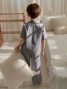 Hapijoa Young Boy Striped Print Drop Shoulder Loose Polo Collar Top And Pants Pajama Set Spring Summer - Grey - View 4