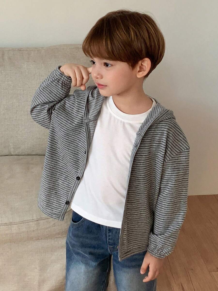 DAZY Young Boy Striped Print Hooded Casual Long Sleeve Jacket Spring - Grey - View 1