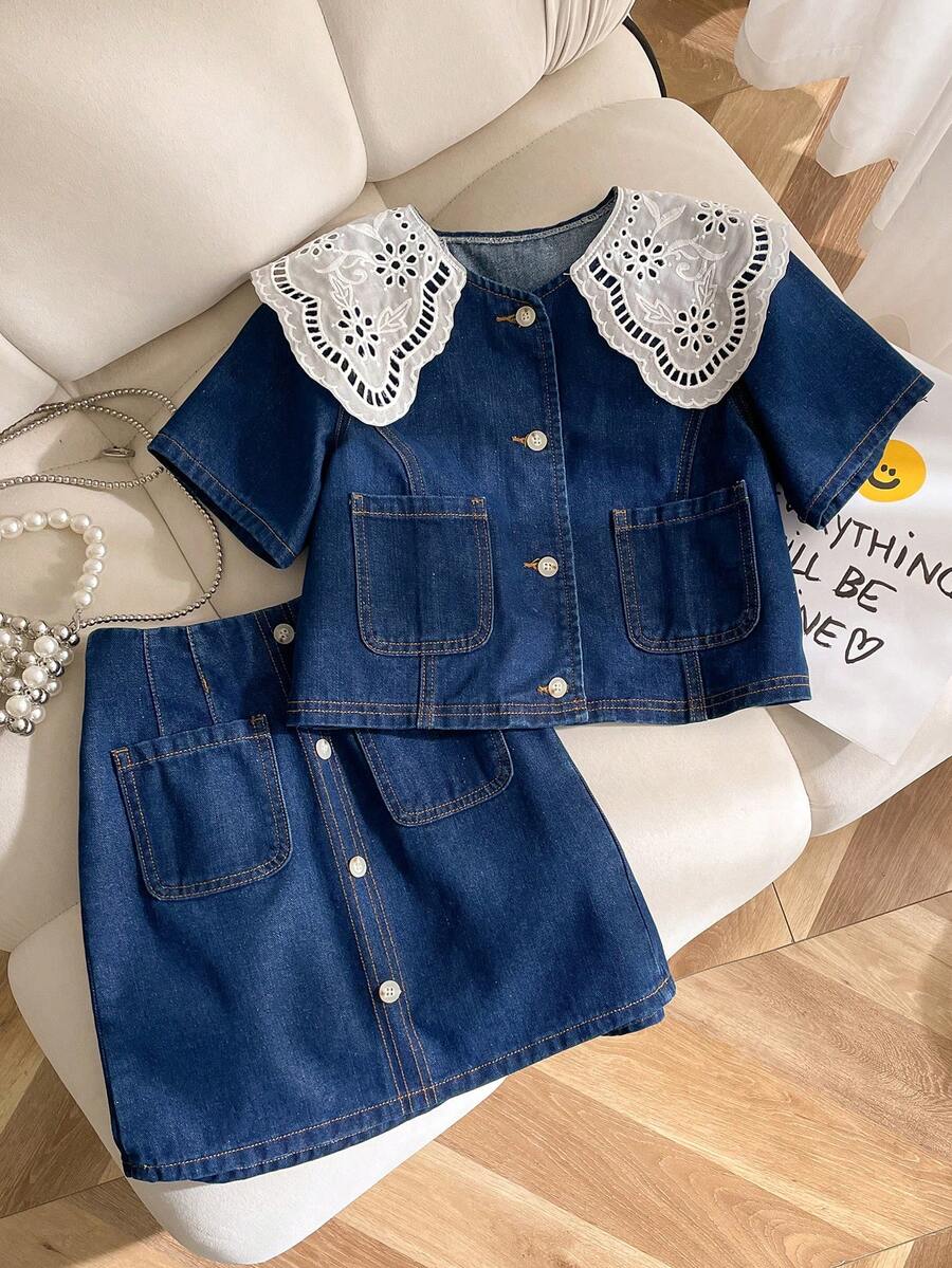 两件套少女牛仔套装，包括蕾丝领短袖牛仔上衣和宽松牛仔裙 - 藍色 - 查看 1