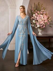 MOTF PREMIUM WOMEN'S ELEGANT V-NECK FLOOR-LENGTH PARTY GOWN , SPARKLY BEADS & SEQUIN EMBELLISHMENTS, DETACHABLE WAIST BELT & FITTED SILHOUETTE , PERFECT FOR HOLIDAY PARTIES, FORMAL EVENTS & FESTIVE OCCASIONS - Blue - View 2