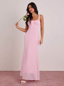 Enchnt Đầm hai dây ôm sát, không tay, hở lưng, màu trơn, gợi cảm. - Hồng - Xem 3