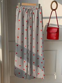 SHEIN EZwear Heart-Print Brown Striped Pants, Suitable For Winter, Valentine's Day, Christmas, And New Year; Heart-Print Woven Women's Drawstring Wide-Leg Pants; Brown Pants; Polka Dot Pants; Brown Striped Heart-Print Pants; Autumn; Women's Autumn Wear; Women's Winter Wear. - Multicolor - View 4