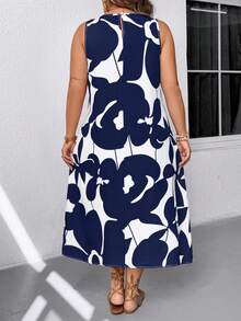 EMERY ROSE Đầm cỡ lớn dáng rộng, không tay, thanh lịch, in họa tiết toàn thân. - Màu xanh hải quân - Xem 2