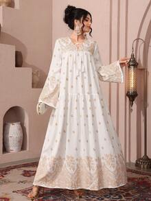 SHEIN Najma 波西米亚风宽松印花V领流苏长袖连衣裙，度假风 - 彩色 - 查看 9