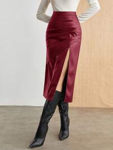 SHEIN BIZwear 女士纯色 PU 皮革褶皱侧开衩不对称半身裙 - 酒紅色 - 查看 6