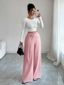 Elenzga New Women's Woven Twill Side Zipper Belt Flared Design Spring/Autumn Casual Loose Fit Elegant Trousers - Pink - View 7