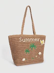 ROMWE Fairycore 1 件装节日主题贝壳、星星、珍珠装饰女士手提包，大容量字母草编沙滩包，适合春夏 - 深棕色 - 查看 6