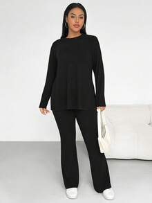 SHEIN Essnce 大码女装秋冬时尚休闲宽松舒适日常基础款修身保暖磨毛长袖宽松上衣搭配喇叭裤黑色两件套，秋季服装，机场穿搭，女士舒适秋冬装 - 黑色 - 查看 4