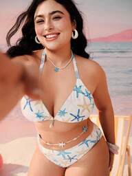 Swim Mod Conjunto de Maiô de Praia com Elementos de Estrela e Oceano, Plus Size e Fofo